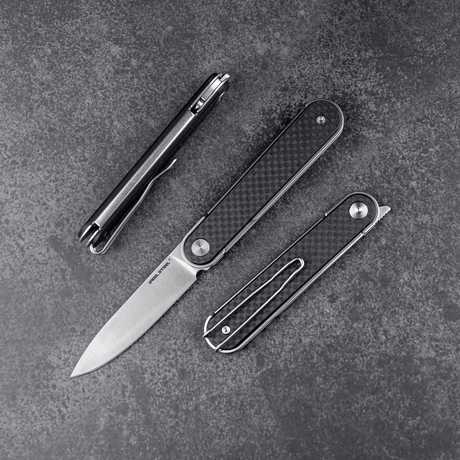 Real Steel IRIS Front Flipper Knife 2.95" 12C27 Satin Drop Point Blade, G10/Carbon Fiber Laminate Handle, Liner Lock 39.50 Real Steel Knives www.realsteelknives.com