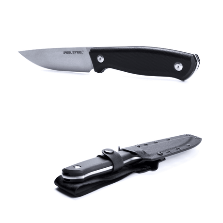 Real Steel Arbiter Bushcraft Hunting Fixed Knife- 5.24"9Cr18Mov Stonewashed Drop Point Blade, Black G10 Handle, Black Kydex Sheath 3811 69.00 Real Steel Knives www.realsteelknives.com