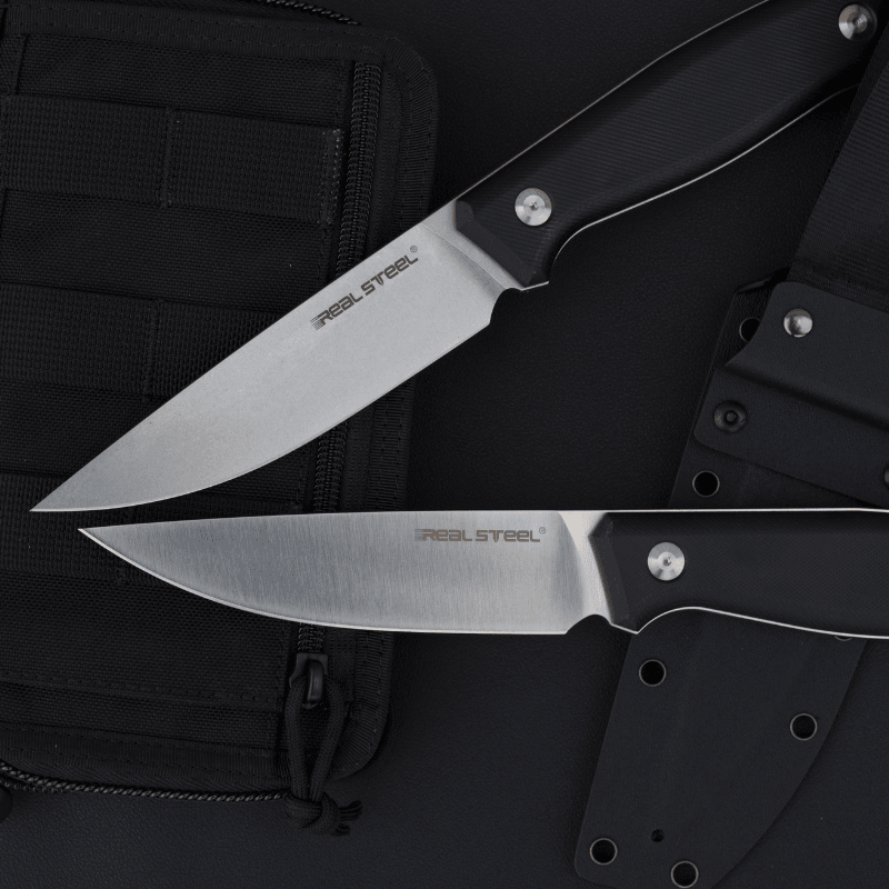 Real Steel Arbiter Bushcraft Hunting Fixed Knife- 5.24"9Cr18Mov Stonewashed Drop Point Blade, Black G10 Handle, Black Kydex Sheath 3811 69.00 Real Steel Knives www.realsteelknives.com