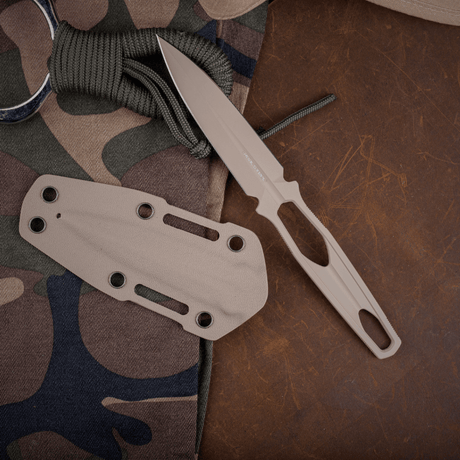 Real Steel Astral Fixed Blade Tactical Knife, Coyote Cerakote Coating 3.27″ K110 Double Edged Dagger Blade, Kydex Sheath 3505C 109.00 Real Steel Knives www.realsteelknives.com