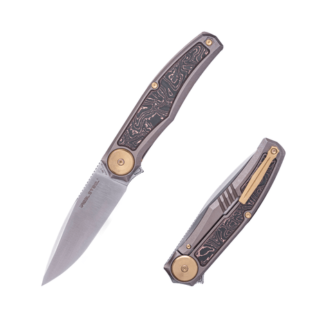 Real Steel Avangard Frame Lock Flipper Knife - 3.46" Satin M390 Blade, Anodized Titanium Handle with Copper Folio Inlay 9788 205.00 Real Steel Knives www.realsteelknives.com