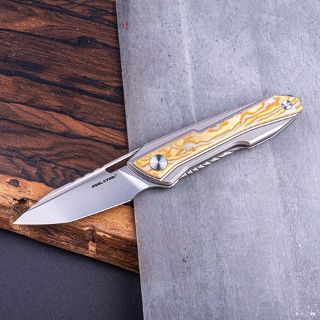 Real Steel Bullet EDC Flipper with Frame Lock Knife, Brass Damascus Inlay- S35VN 2.91" Blade by Maciej Torbe 5221BR 365.00 Real Steel Knives www.realsteelknives.com