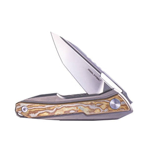 Real Steel Bullet EDC Flipper with Frame Lock Knife, Brass Damascus Inlay- S35VN 2.91" Blade by Maciej Torbe 5221BR 365.00 Real Steel Knives www.realsteelknives.com