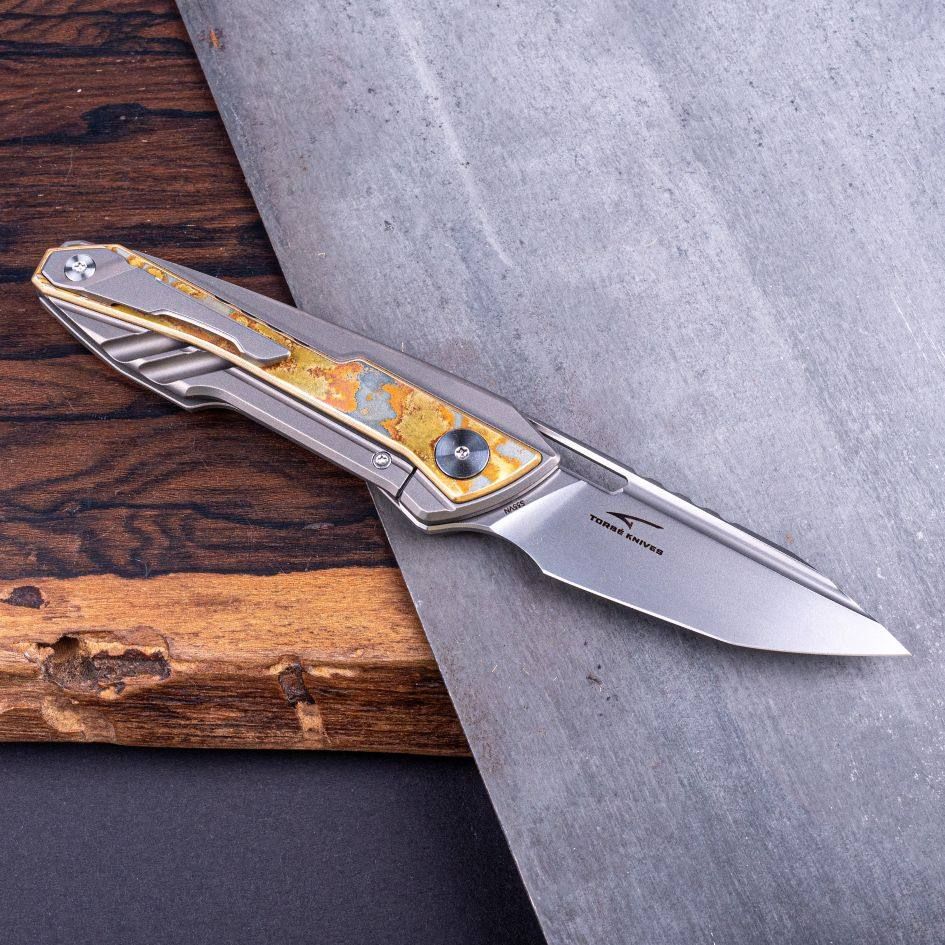 Real Steel Bullet EDC Flipper with Frame Lock Knife, Brass Damascus Inlay- S35VN 2.91" Blade by Maciej Torbe 5221BR 365.00 Real Steel Knives www.realsteelknives.com