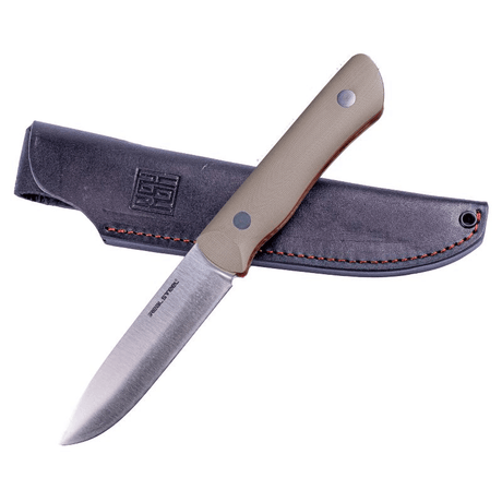 Real Steel Bushcraft III Fixed Knife -4.13" D2 Convex Grind and Coyote G10 Handle with Coyote Tan G10 Handle with Red G10 Liners, Leather Sheath 3726C 69.00 Real Steel Knives www.realsteelknives.com