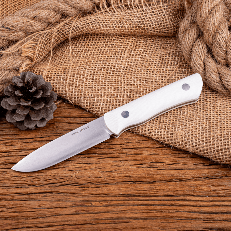 Real Steel Bushcraft III Fixed Knife -4.13" D2 Convex Grind and White G10 Handle 3728C 69.00 Real Steel Knives www.realsteelknives.com