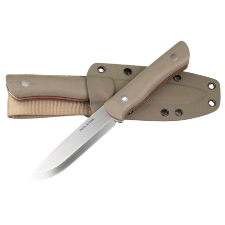Real Steel Bushcraft III Fixed Knife -4.13" D2 Scandi Grind, Coyote Tan G10 Handle with Red G10 Liner, Kydex Sheath 3726 69.00 Real Steel Knives www.realsteelknives.com