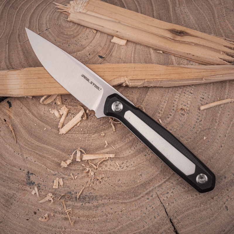 Real Steel Dex Fixed Blade Knife, 3.15″ K110 Flat-Ground Drop Point Blade, Black/White G10 Handle (changeable handle and inlays), Kydex Sheath 3501BW 89.00 Real Steel Knives www.realsteelknives.com