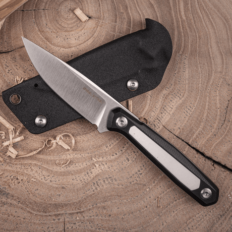 Real Steel Dex Fixed Blade Knife, 3.15″ K110 Flat-Ground Drop Point Blade, Black/White G10 Handle (changeable handle and inlays), Kydex Sheath 3501BW 89.00 Real Steel Knives www.realsteelknives.com