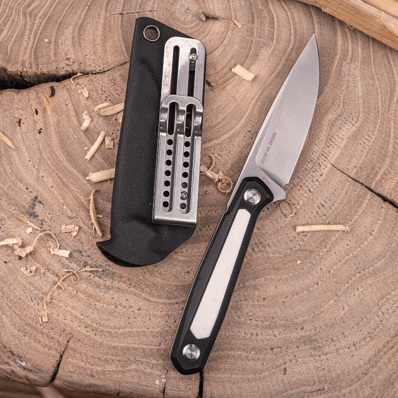 Real Steel Dex Fixed Blade Knife, 3.15″ K110 Flat-Ground Drop Point Blade, Black/White G10 Handle (changeable handle and inlays), Kydex Sheath 3501BW 89.00 Real Steel Knives www.realsteelknives.com