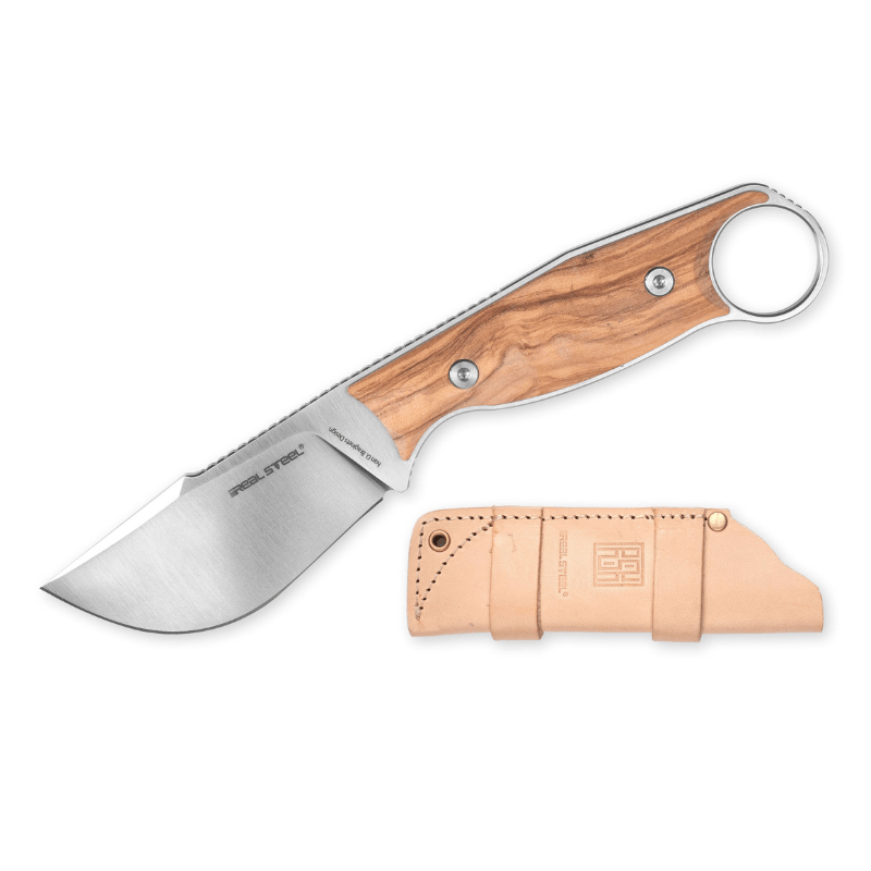 Real Steel Furrier Fixed Knife- 2.99" Bohler N690 Skinner Blade, Olive Wood Handle with Finger Ring 3611W 66.00 Real Steel Knives www.realsteelknives.com