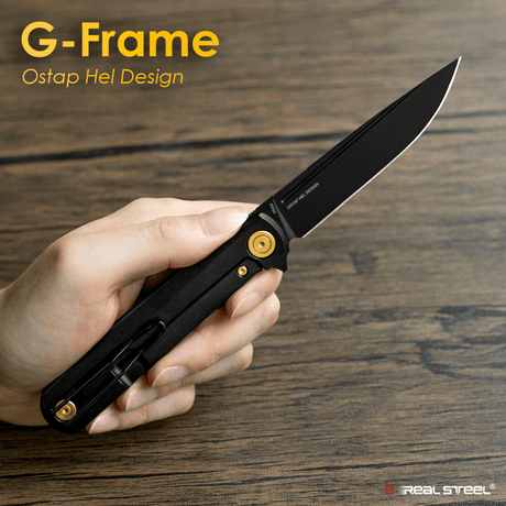 Real Steel G-Frame Frame Lock Flipper Knife -3.39" Bohler N690 Black Blade, Black Titanium Handle 7874GB 99.00 Real Steel Knives www.realsteelknives.com