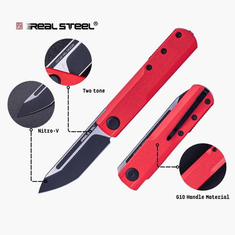 Real Steel G-Tanto EDC Double Detent Ball Lock Folding Knife-2.64" Nitro-V Black Two-Tone Finish Blade, Red G10 7801RB 58.50 Real Steel Knives www.realsteelknives.com