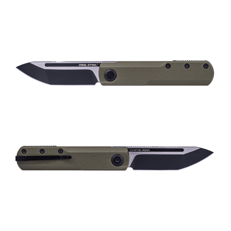 Real Steel G-Tanto EDC Double Detent Ball Lock Folding Knife-2.64" Nitro-V Black Two-Tone Finish Tanto Blade and OD Green G10 7801GT 58.50 Real Steel Knives www.realsteelknives.com