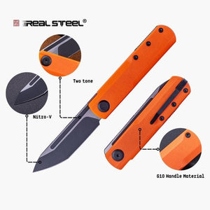 Real Steel G-Tanto EDC Double Detent Ball Lock Folding Knife-2.64" Nitro-V Black Two-Tone Finish Tanto Blade and Orange G10 7801OB 58.50 Real Steel Knives www.realsteelknives.com