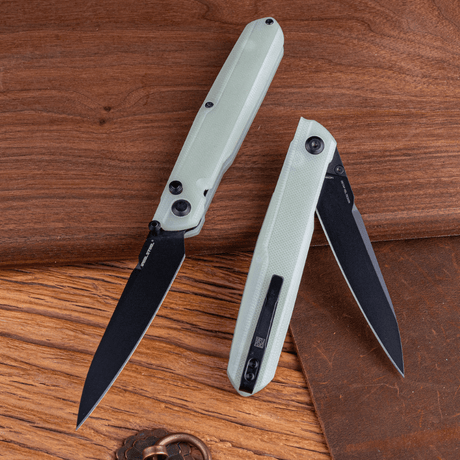 Real Steel G5 Metamorph Button Lock Folding Knife - 3.62" Alleima 14C28N Black Plain Blade, Natural G10 Handle 7832N 63.00 Real Steel Knives www.realsteelknives.com