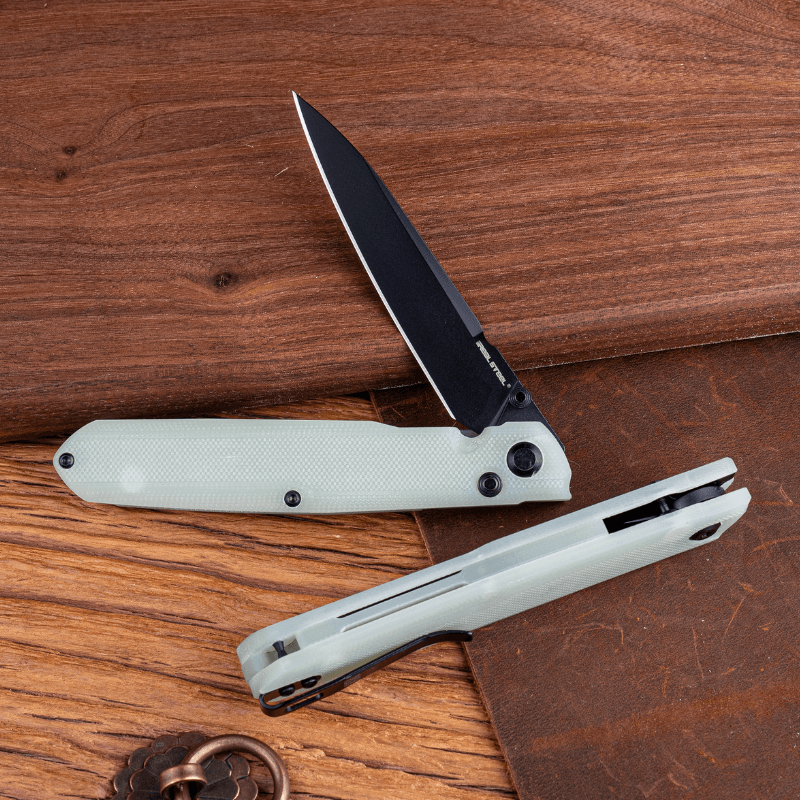 Real Steel G5 Metamorph Button Lock Folding Knife - 3.62" Alleima 14C28N Black Plain Blade, Natural G10 Handle 7832N 63.00 Real Steel Knives www.realsteelknives.com