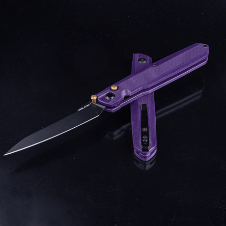 Real Steel G5 Metamorph Button Lock Folding Knife - 3.62" Alleima 14C28N Black Plain Blade, Purple G10 Handle 7832P 63.00 Real Steel Knives www.realsteelknives.com