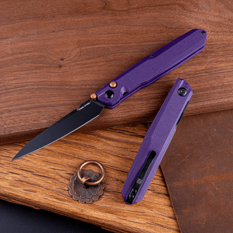 Real Steel G5 Metamorph Button Lock Folding Knife - 3.62" Alleima 14C28N Black Plain Blade, Purple G10 Handle 7832P 63.00 Real Steel Knives www.realsteelknives.com