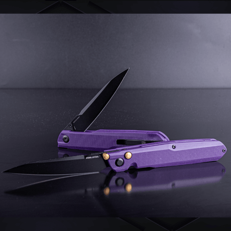 Real Steel G5 Metamorph Button Lock Folding Knife - 3.62" Alleima 14C28N Black Plain Blade, Purple G10 Handle 7832P 63.00 Real Steel Knives www.realsteelknives.com