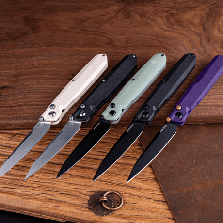 Real Steel G5 Metamorph Button Lock Folding Knife - 3.62" Alleima 14C28N Black Plain Blade, Purple G10 Handle 7832P 63.00 Real Steel Knives www.realsteelknives.com