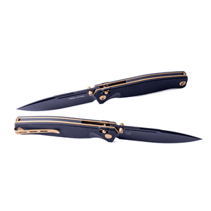 Real Steel Huginn Tactical Crossbar Lock Folding Knife -Black 3.66" VG-10 Black Drop Point Blade, Milled Black G10 Handle, Gold Hardware 7652BG 89.00 Real Steel Knives www.realsteelknives.com