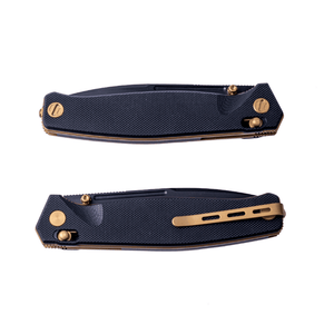 Real Steel Huginn Tactical Crossbar Lock Folding Knife -Black 3.66" VG-10 Black Drop Point Blade, Milled Black G10 Handle, Gold Hardware 7652BG 89.00 Real Steel Knives www.realsteelknives.com