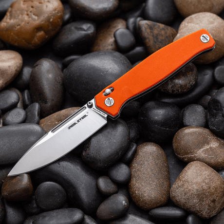 Real Steel Huginn Tactical Crossbar Lock Folding Knife -Black 3.66" VG-10 Blade, Milled Orange G10 Handle 7651OS 89.00 Real Steel Knives www.realsteelknives.com