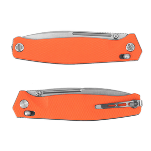 Real Steel Huginn Tactical Crossbar Lock Folding Knife -Black 3.66" VG-10 Blade, Milled Orange G10 Handle 7651OS 89.00 Real Steel Knives www.realsteelknives.com