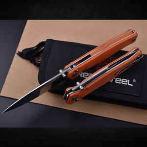 Real Steel Huginn Tactical Crossbar Lock Folding Knife -Black 3.66" VG-10 Blade, Milled Orange G10 Handle 7651OS 89.00 Real Steel Knives www.realsteelknives.com