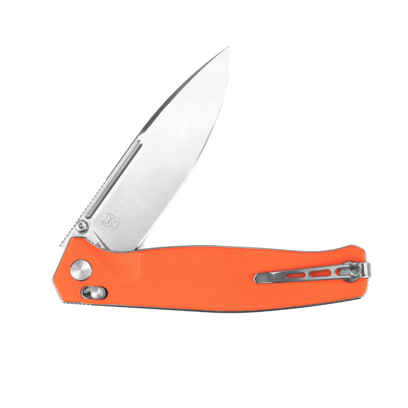 Real Steel Huginn Tactical Crossbar Lock Folding Knife -Black 3.66" VG-10 Blade, Milled Orange G10 Handle 7651OS 89.00 Real Steel Knives www.realsteelknives.com