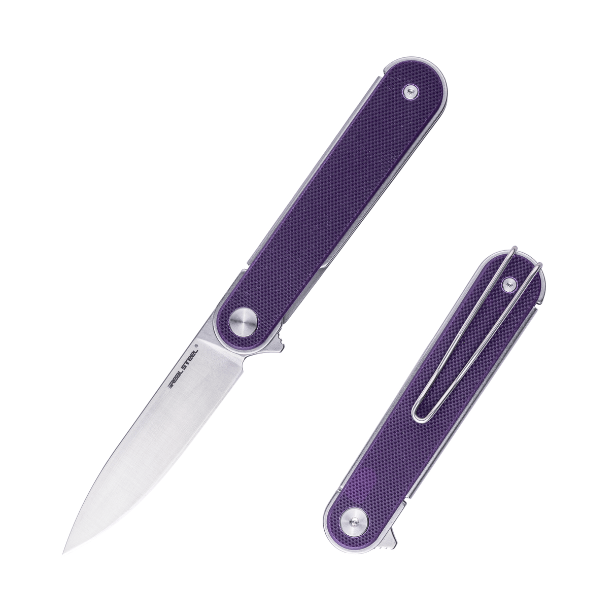 Real Steel IRIS Flipper Knife 2.95" 12C27 Satin Drop Point Blade, Purple G10 Handle, Liner Lock 8061AP 39.50 Real Steel Knives www.realsteelknives.com