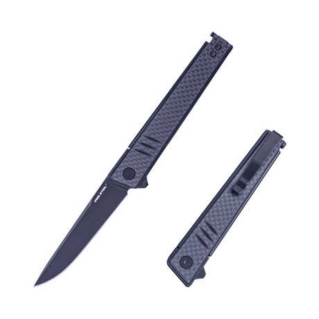 Real Steel Kikashi Flipper Knife 3.54" Alleima 14C28N Black PVD ‎Blade, Liner Lock, G10/Carbon Fiber laminate 8071CB 49.50 Real Steel Knives www.realsteelknives.com