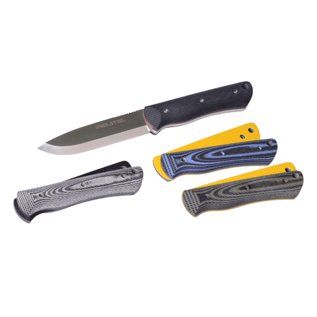 Real Steel Knives Bushcraft Fixed Blade Knife Set 4" D2 Scandi Drop Point, Black G10 Handles with Additional Black/White Scales, Kydex Sheath 3713 49.00 Real Steel Knives www.realsteelknives.com