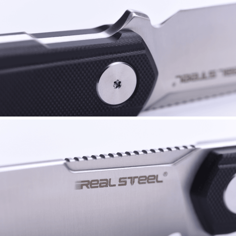 Real Steel Knives Bushcraft Zenith Scandi Grind Fixed Blade Knife 4.33" 14C28N Stainless Steel, Black G10 Handles, Kydex Sheath 3760 89.00 Real Steel Knives www.realsteelknives.com
