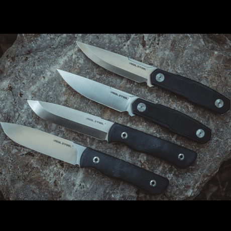 Real Steel Knives Bushcraft Zenith Scandi Grind Fixed Blade Knife 4.33" 14C28N Stainless Steel, Black G10 Handles, Kydex Sheath 3760 89.00 Real Steel Knives www.realsteelknives.com