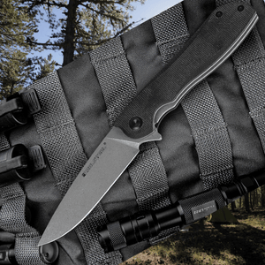 Real Steel Knives E801 Megalodon Flipper, Liner Lock Knife 3.93" Alleima 14C28N Dark Stonewashed Blade, Black Micarta Handle 7423 59.00 Real Steel Knives www.realsteelknives.com