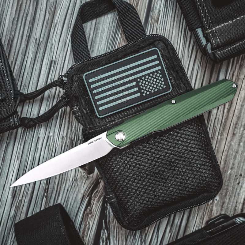 Real Steel Knives G5 Metamorph Mk II Front Flipper Knife 3.54" Alleima 14C28N Plain Blade, Racing Green Aluminum Handle 7839 55.00 Real Steel Knives www.realsteelknives.com