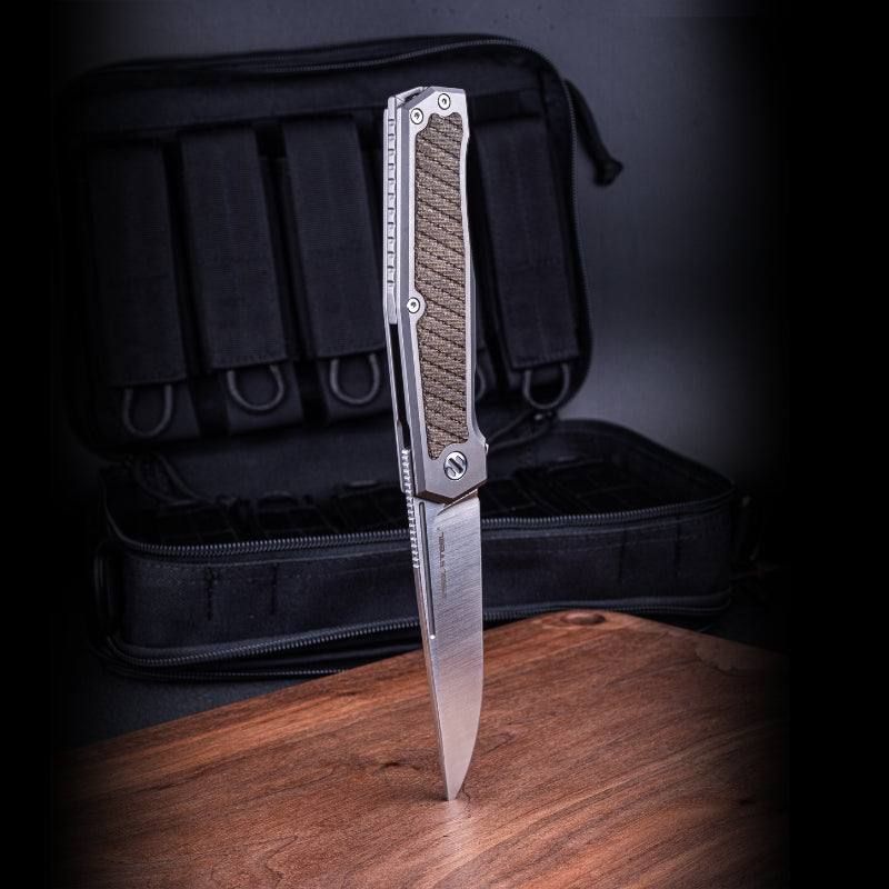 Real Steel Knives Rokot Premium Frame Lock Flipper Knife (3.7" S35VN Satin Drop Point Blade) Titanium TC-4 Handle with Green Micarta Inlays 7645G 143.00 Real Steel Knives www.realsteelknives.com