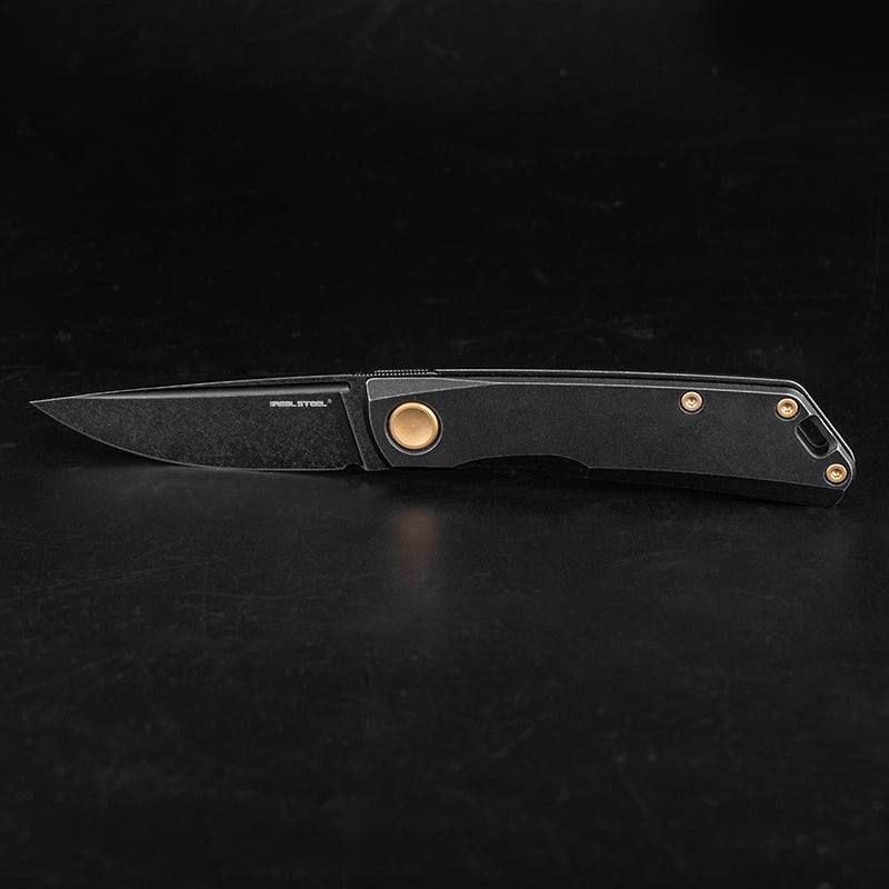 Real Steel Luna Boost Blackout Frame lock Folding Knife-2.76" Black Bohler N690 Blade, Black Titanium Handle 7072 109.00 Real Steel Knives www.realsteelknives.com