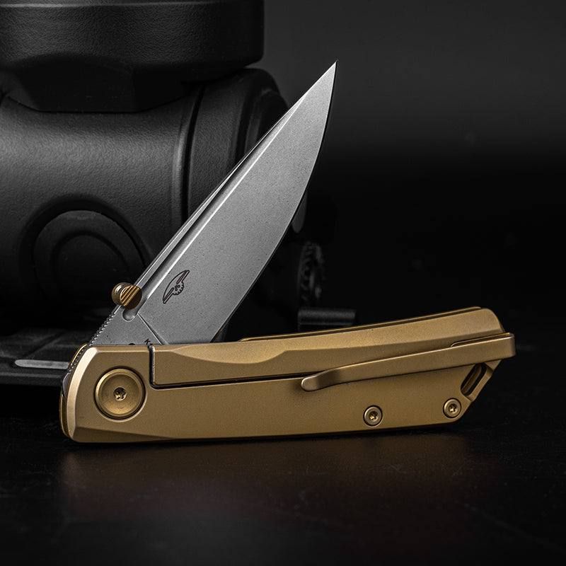 Real Steel Luna Eco Frame Lock Folding Knife-2.76" Bohler K110 Blade, Gold Stainless Steel Handle 7085 44.00 Real Steel Knives www.realsteelknives.com