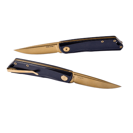 Real Steel Luna Titan in Black/Gold Slip Joint Titan EDC Urban Folding Pocket Knife-2.76" PVD Coated Bohler N690 Blade,Titanium Handle 7001BG 89.00 Real Steel Knives www.realsteelknives.com