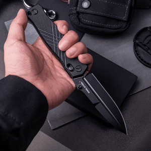 Real Steel Muninn Crossbar Lock Tactical Folding Knife-3.62" VG-10 Black Blade, Black G10 Handle 7752B 89.00 Real Steel Knives www.realsteelknives.com