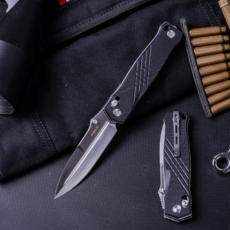 Real Steel Muninn Crossbar Lock Tactical Folding Knife-3.62" VG-10 Satin Blade, Black G10 Handle 7751BS 89.00 Real Steel Knives www.realsteelknives.com