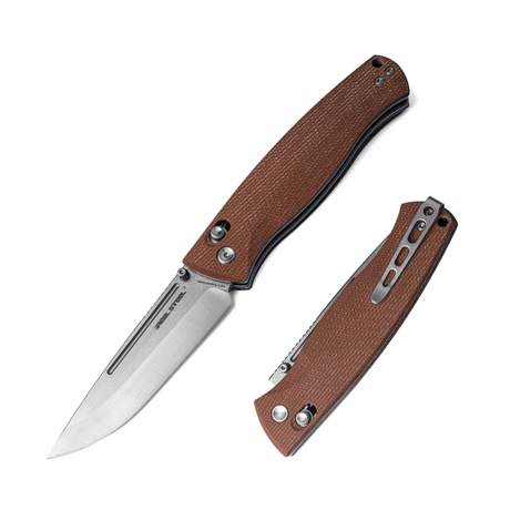 Real Steel Pathfinder Bushcraft Folder Crossbar Lock Folding Knife -3.54" Alleima 14C28N Drop Point Blade and Brown Micarta Handle 7851B 79.00 Real Steel Knives www.realsteelknives.com