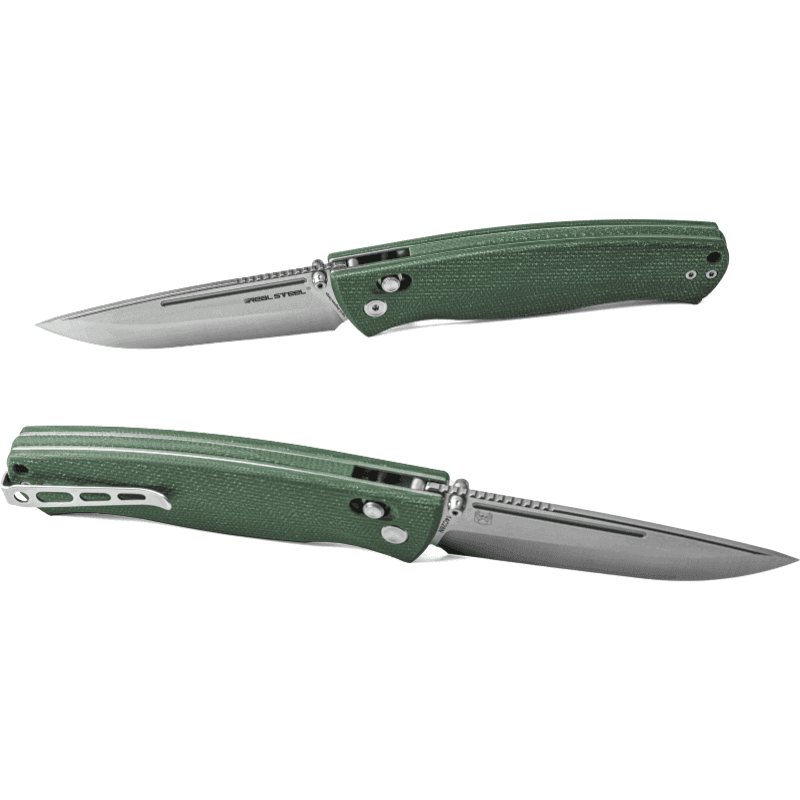 Real Steel Pathfinder Bushcraft Folder Crossbar Lock Folding Knife -3.54" Two-Tone Alleima 14C28N Drop Point Blade and Green Micarta Handle 7851G 79.00 Real Steel Knives www.realsteelknives.com