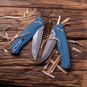 Real Steel Pathfinder Bushcraft Folder Crossbar Lock Folding Knife -3.54" Two-Tone Alleima 14C28N Drop Point Blade, Denim Micarta Handle 7851D 79.00 Real Steel Knives www.realsteelknives.com