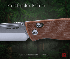 Real Steel Pathfinder Bushcraft Folder Crossbar Lock Folding Knife -3.54" Two-Tone Alleima 14C28N Drop Point Blade, Denim Micarta Handle 7851D 79.00 Real Steel Knives www.realsteelknives.com