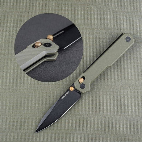 Real Steel Perix Crossbar Lock Folding Knife 3.5''Nitro-V Black PVD Coated Drop Point Blade, Olive Green Handle 7121BG 68.00 Real Steel Knives www.realsteelknives.com