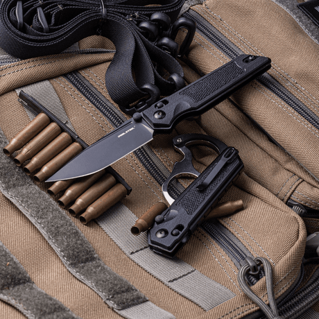 Real Steel Sacra Tactical Crossbar Lock Folding Knife- 3.31" Black Tanto Plain Böhler K110 Blade, Black G10 Handle 7712B 62.00 Real Steel Knives www.realsteelknives.com